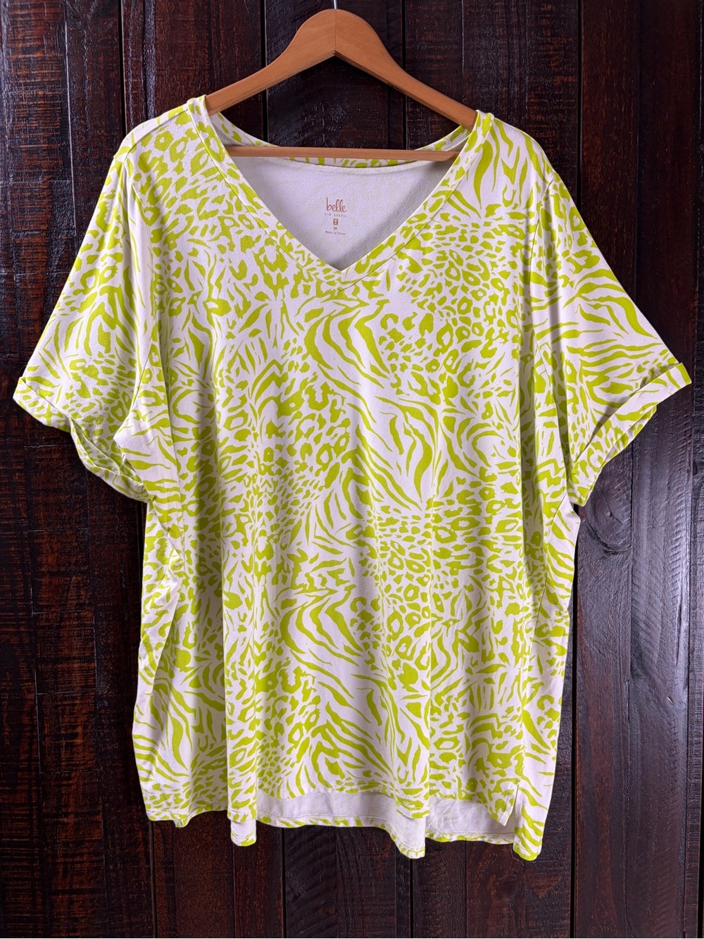 Belle Kim Gravel Lime Soft Printed V-Neck Tee 3X